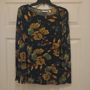 Susan Graver Dark Green Floral Liquid Knit Top. Size L